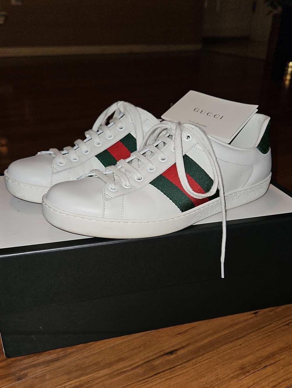 Gucci Ace White Leather Sneakers with Green & Red Web Stripe